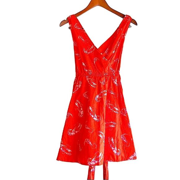 Anthropologie Maeve Flirty Wrap Mini Dress Orange Red Lobster Print Petite XS - Picture 1 of 15